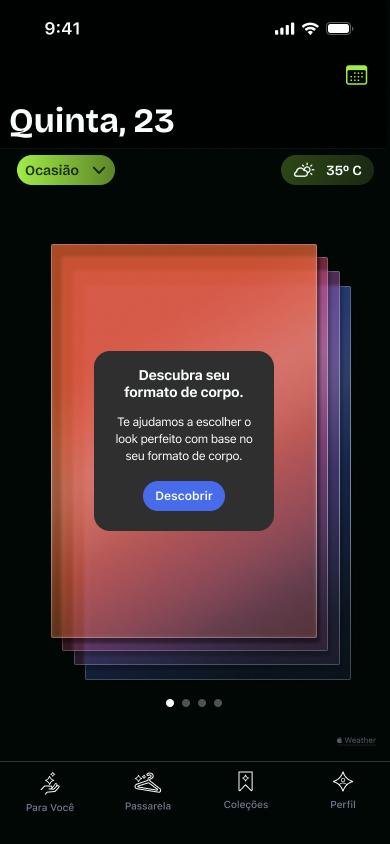 Ouzia, home screen with the day’s weather and an invitation to find your body type