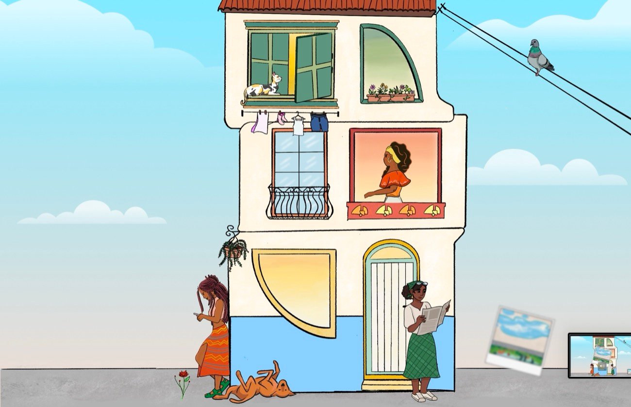 POV, illustrated neighborhood scene